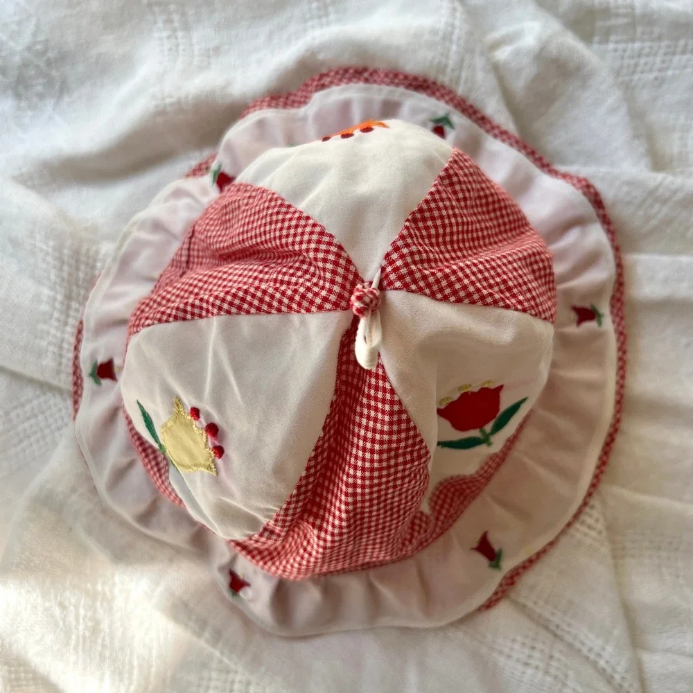Vintage 80s Sea Gull Baby Sun Hat 3-6M Red Gingham Tulip Embroidered Ruffle